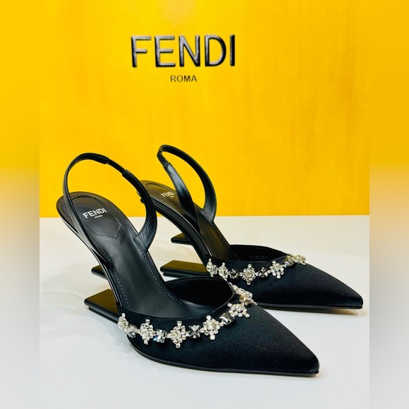 Fendi First Slingback Heels Black Satin With Nero Crystal Size 37.5 Retail$1790 - Picture 5 of 16
